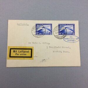 1928 Germany - USA Envelope Cover  Blue Reichsmark Graf Zeppelin Stamps Luftpost